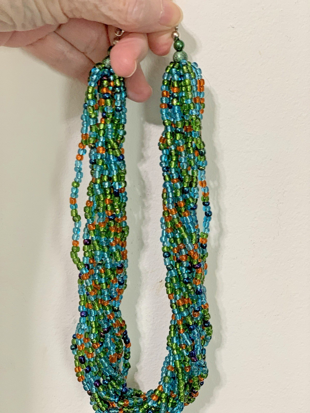 Vintage Set Of iridescent glass Multi Strand Necklace &Hoop Earring Set,18”&2.5”