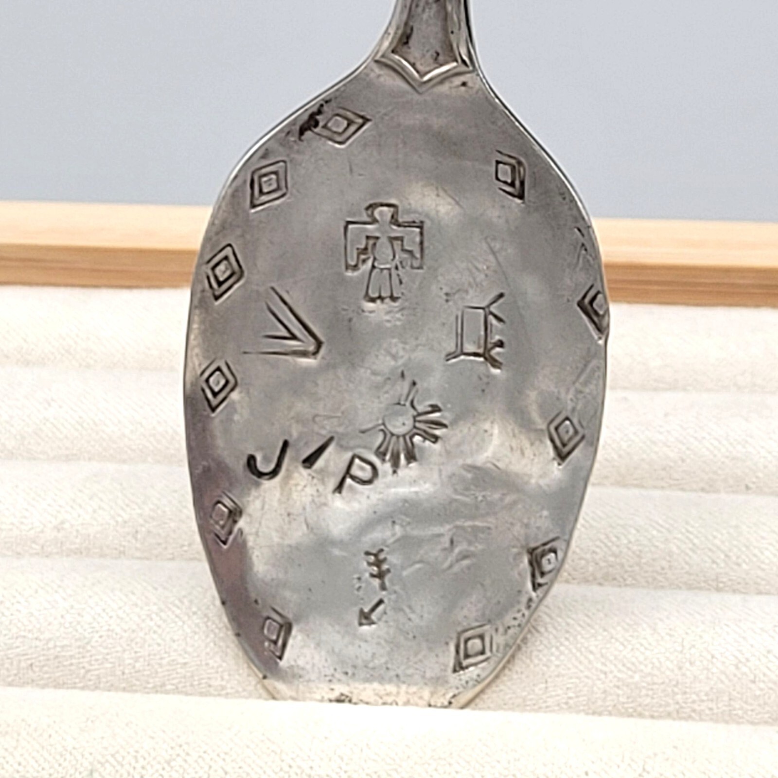 Wallingford Stainless Steel Spoon Pendant Aztec Stamped Thunderbird Arrow 3″