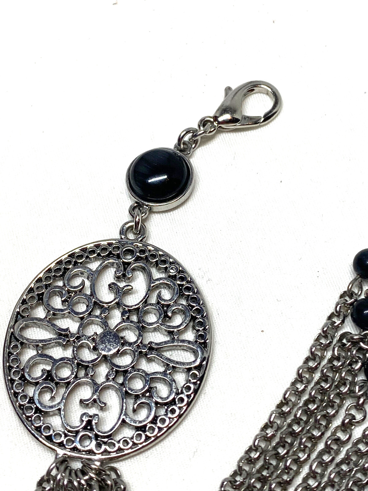 Lia Sophia Lyrical Detachable Chain Tassel Pendant Black Glass Stone Filagree 7″
