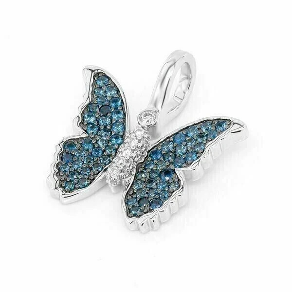 14K White Gold Plated 1Ct Simulated London Blue Topaz Butterfly Pendant 18″Chain