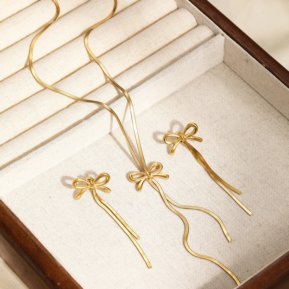 Stainless Steel Bow Tassel Necklace & Earings Women Collar Chain Jewelry Gift