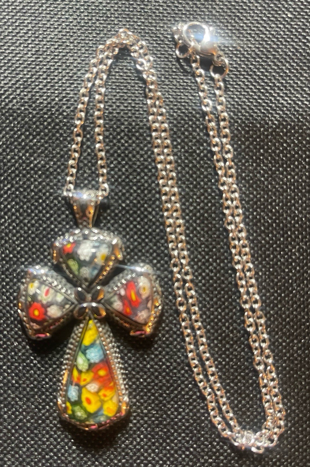 Murano Style Millefiori Cross Pendant 20” Necklace 316L S.steel