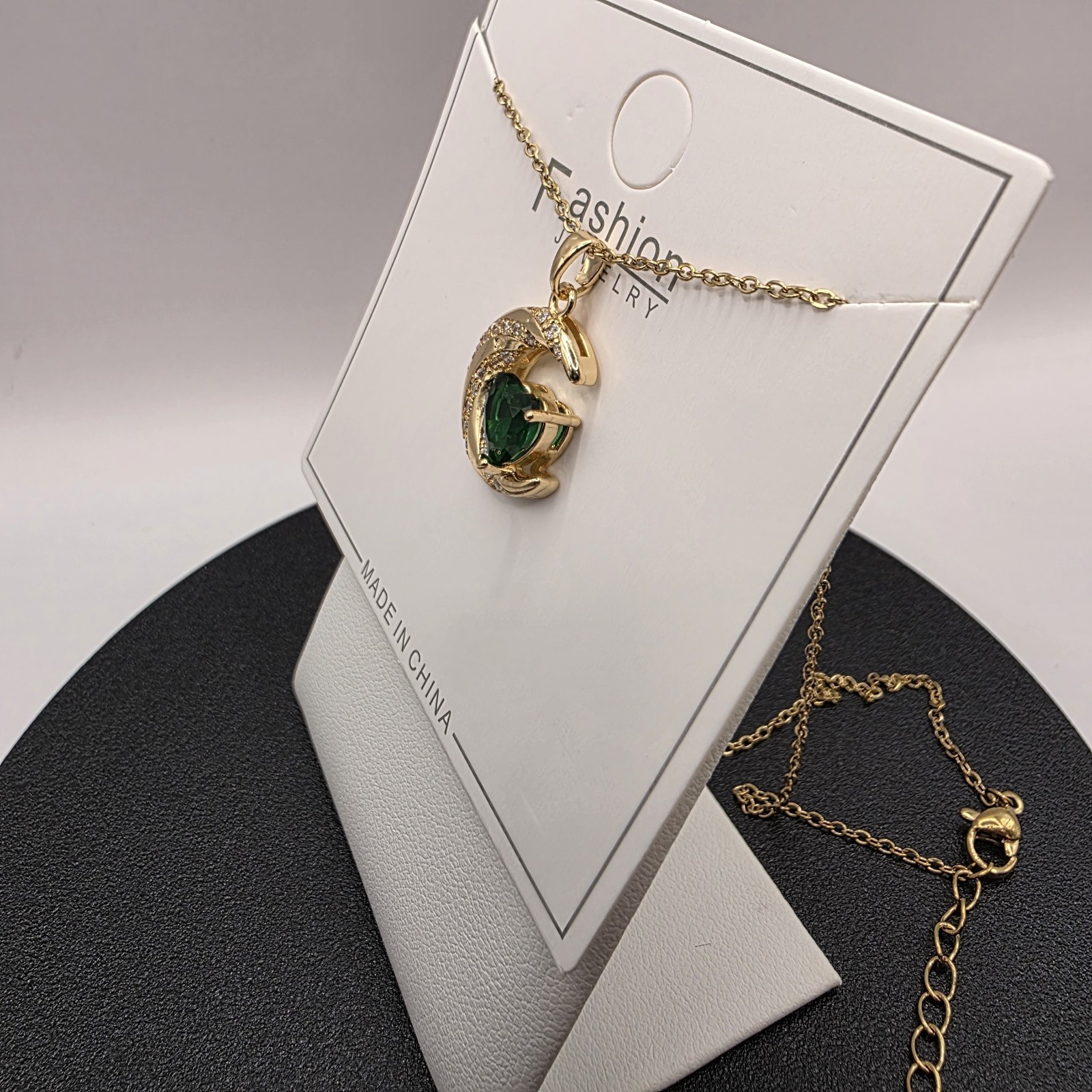 Stainless Steel Copper Plated 16″Necklace w/20mm Cz Half Moon w/Cz Heart