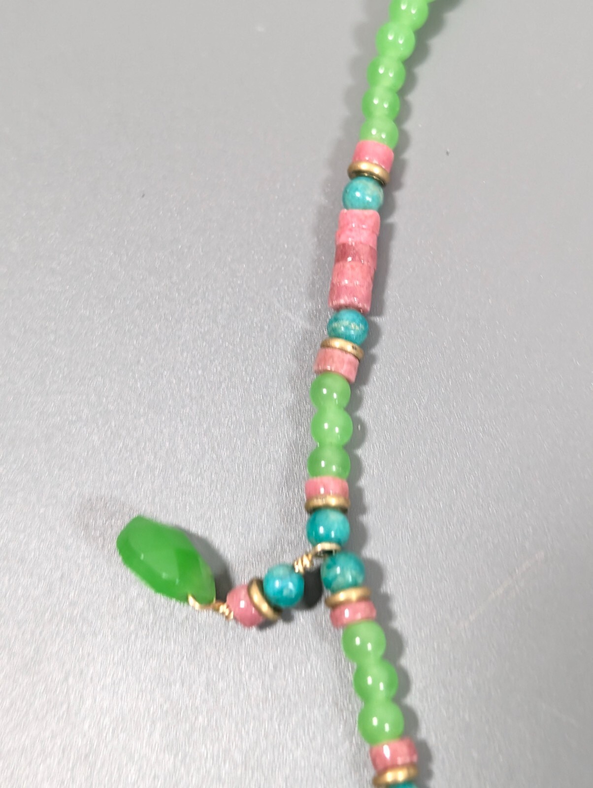 Tribal Western Boho Green Stone Teardrop Charm Pink Stacked Bead Necklace 15 in