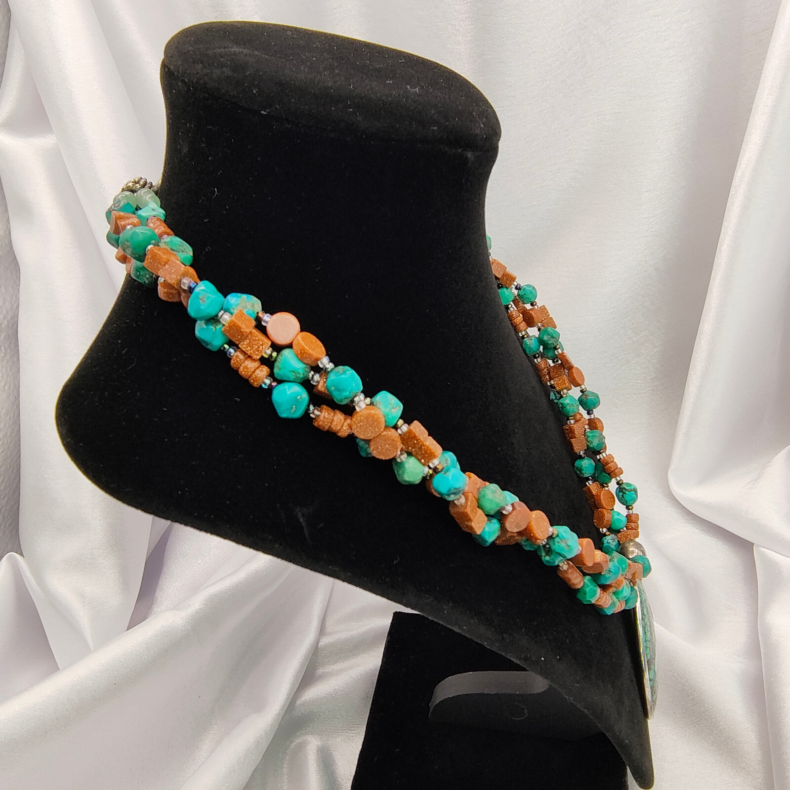 Faux Turquoise Pendant Necklace 925 Sterling Glitter Copper Color Bead Boho