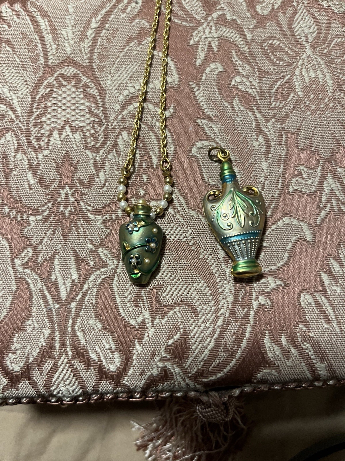Gold Tone Cable Chain Perfume Bottle Pendant Necklace w/ Green Charms Art