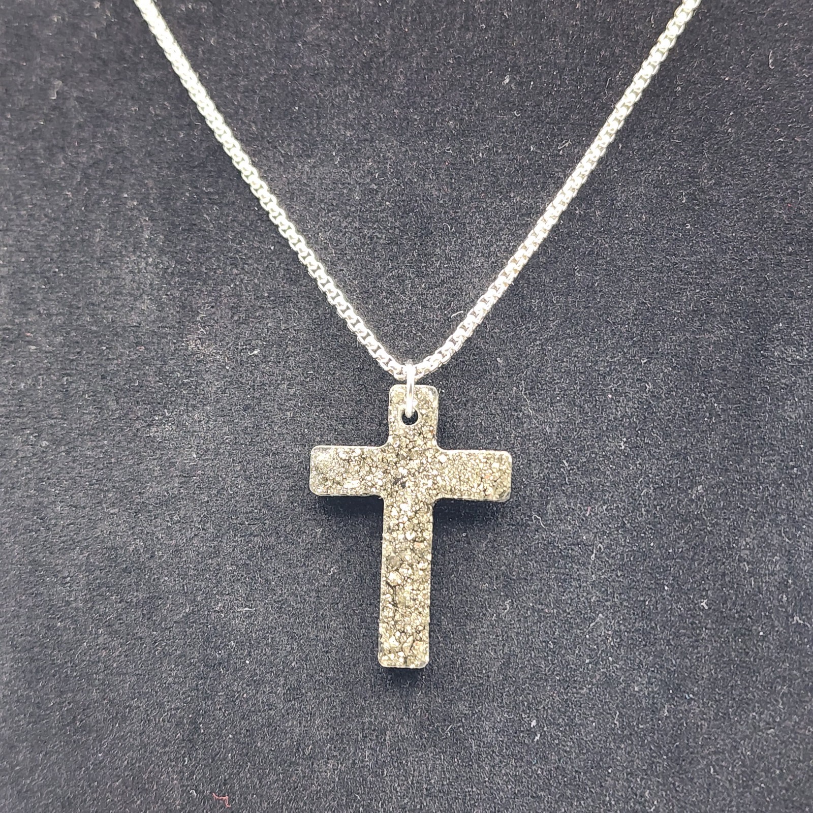 Handmade Pyrite Cross Pendant Necklace Resin Cross 50cm Stainless Steel Chain
