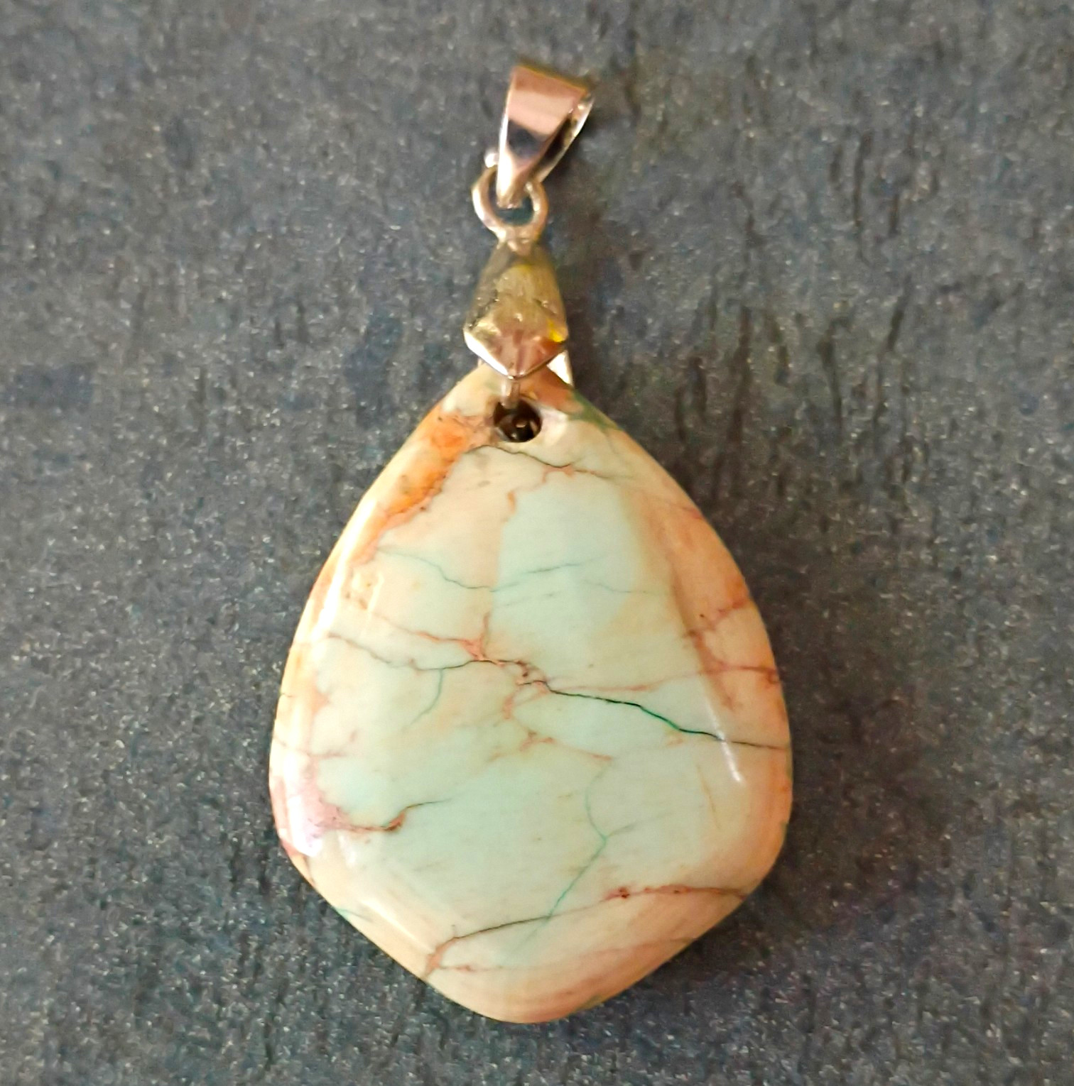 Teardrop Multicolor Imperial Jasper Pendant Polished Green Tan Metal Bail