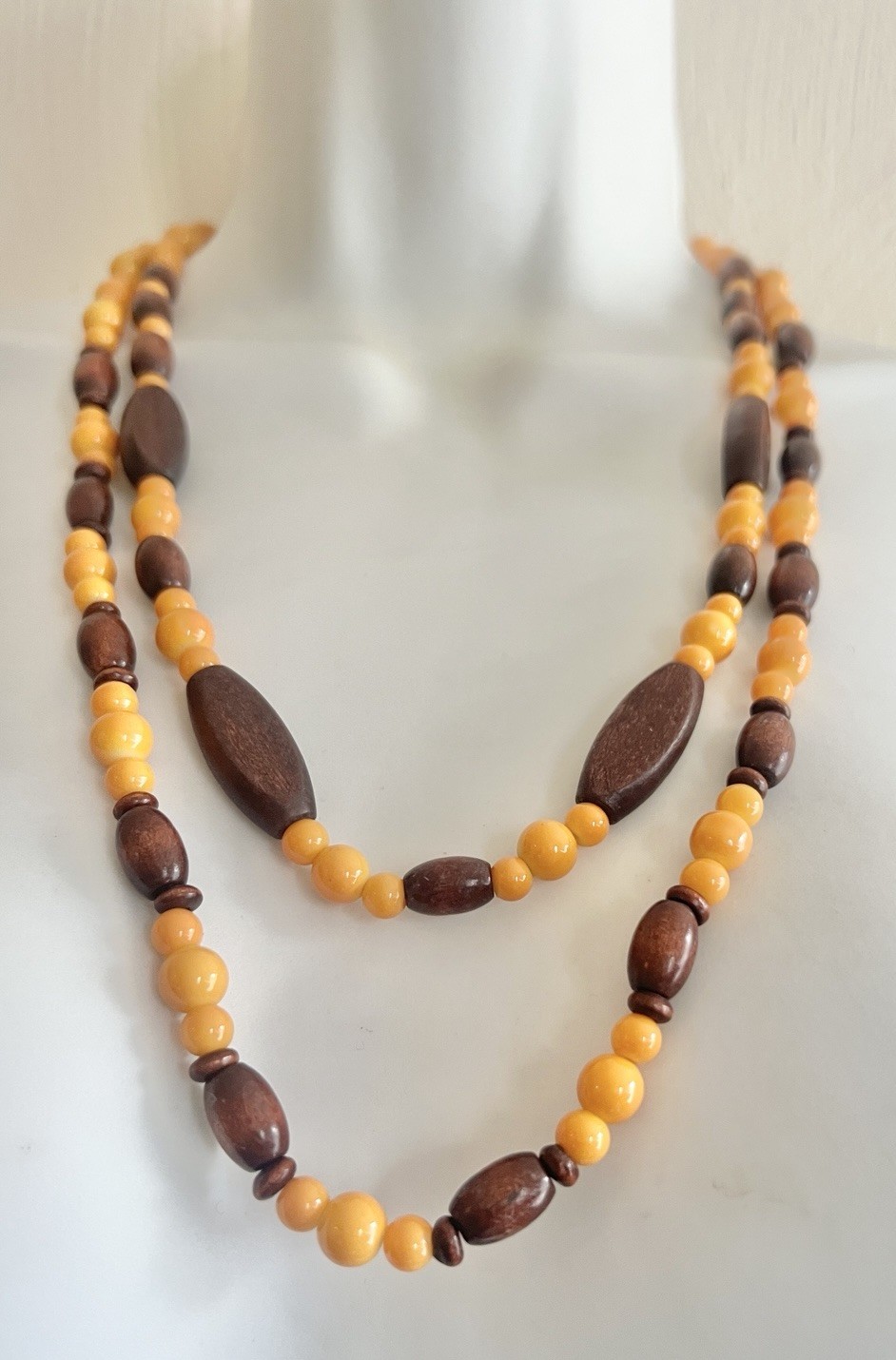 VINTAGE Beaded Necklace Double Drop Yellow Brown Jewelry Accessory Beads