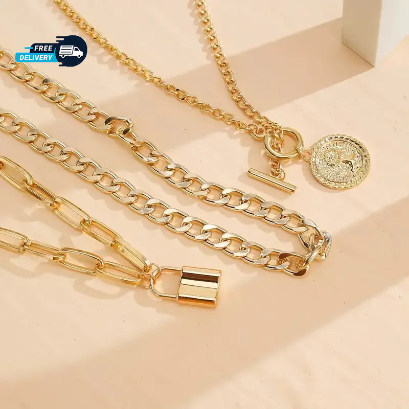 3Pcs Chunky Multi-Layer Necklace Trendy Pendants Choker Women Fashion Jewelry
