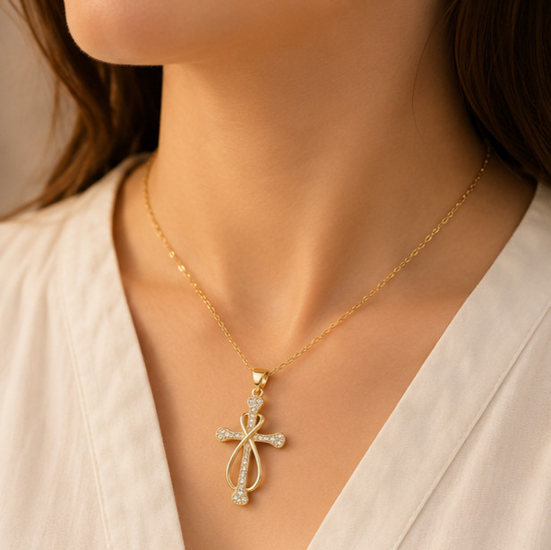 1.50Ct Round Cut Simulated Diamond Wedding Cross Pendant 14K Yellow Gold Plated