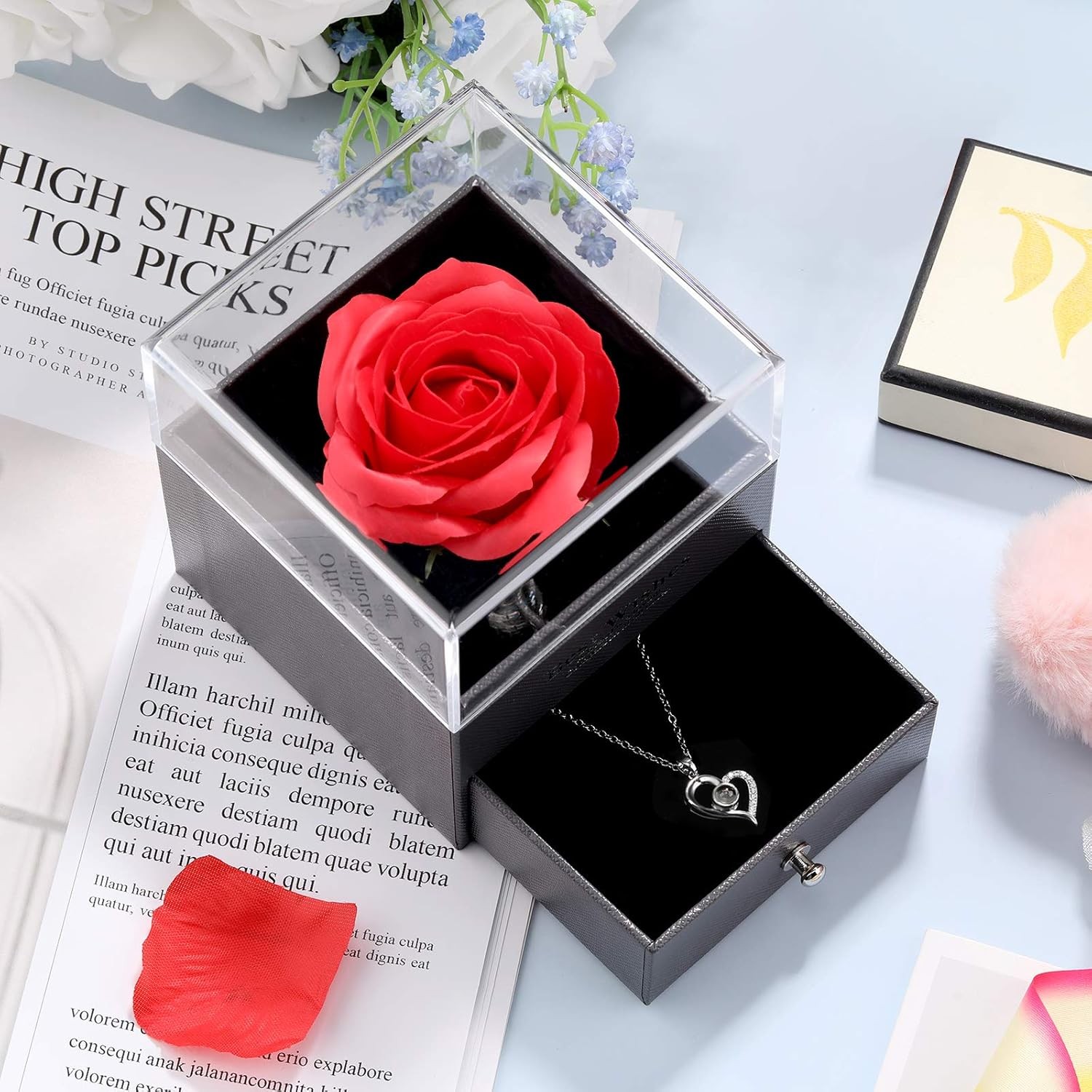 Valentine’s Day Necklace Gift, Heart Pendant with Preserved Red Rose Gift Box