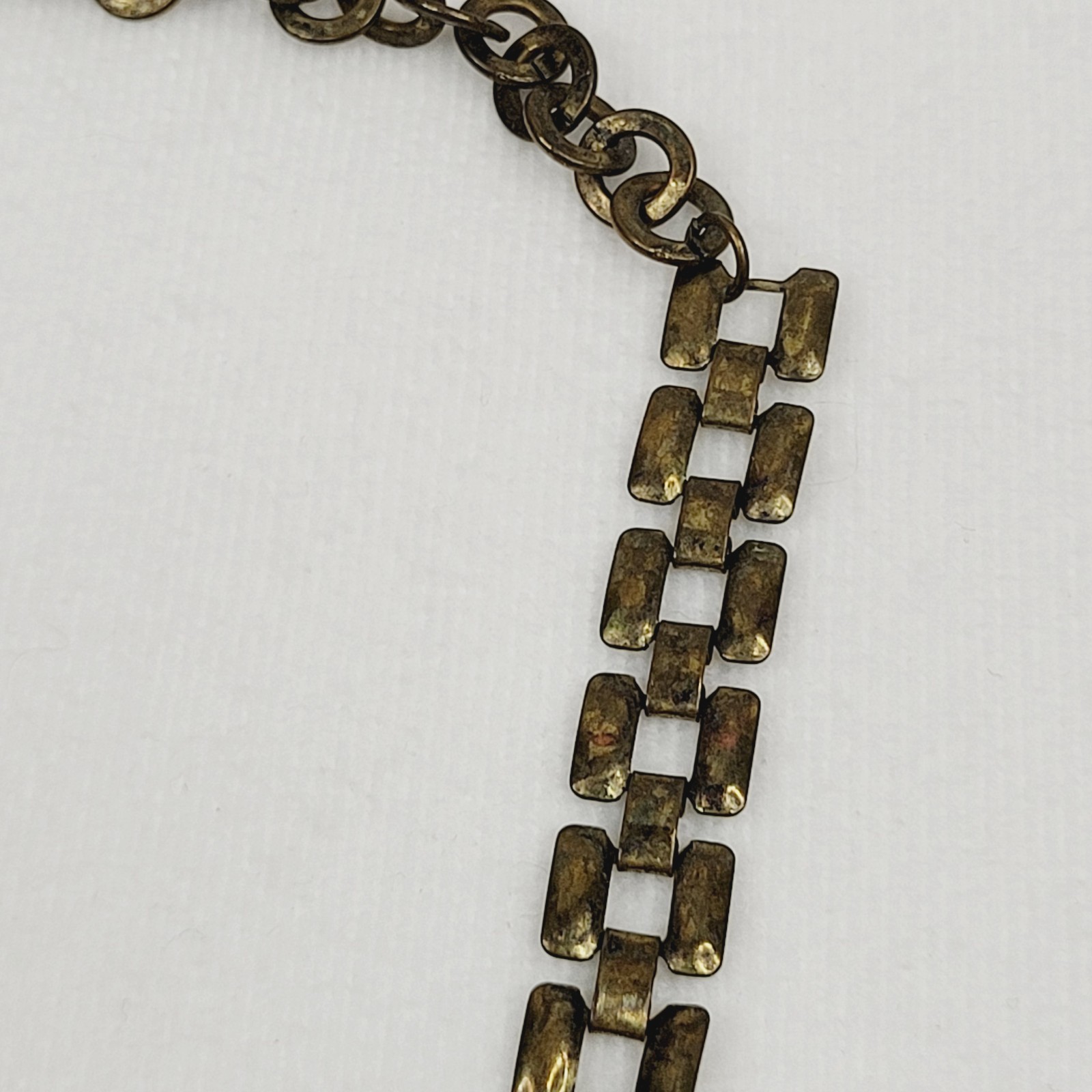 Antiqued Brass Tone Fashion Jewelry Necklace Colorless Rhinestones Statement Art