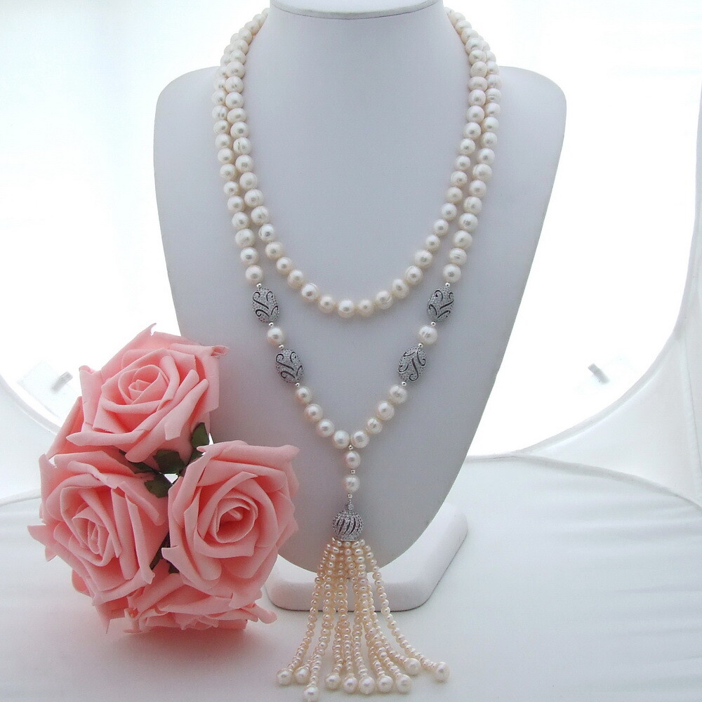 2 Strands Cultured White Pearl Necklace Cubic Zirconia Pave Pendant  22″