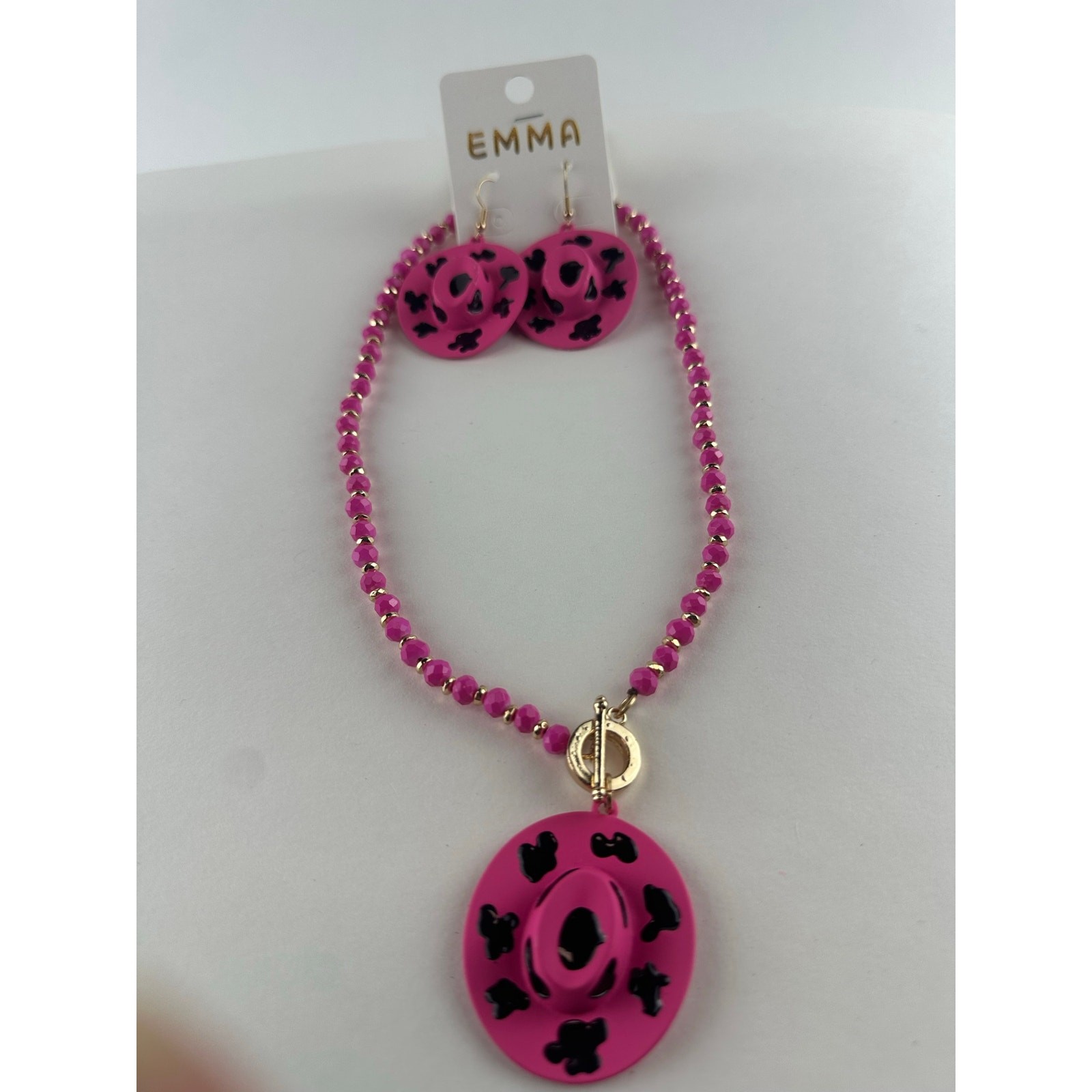 EMMA Western Pink Cow Print Cowboy Hat Pendant Necklace and Earring Set