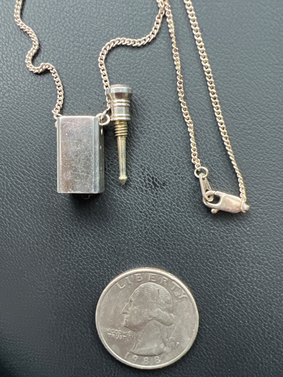 Vintage Silver Plate Miniature Perfume Bottle Pendant w/ Dauber, Long Chain