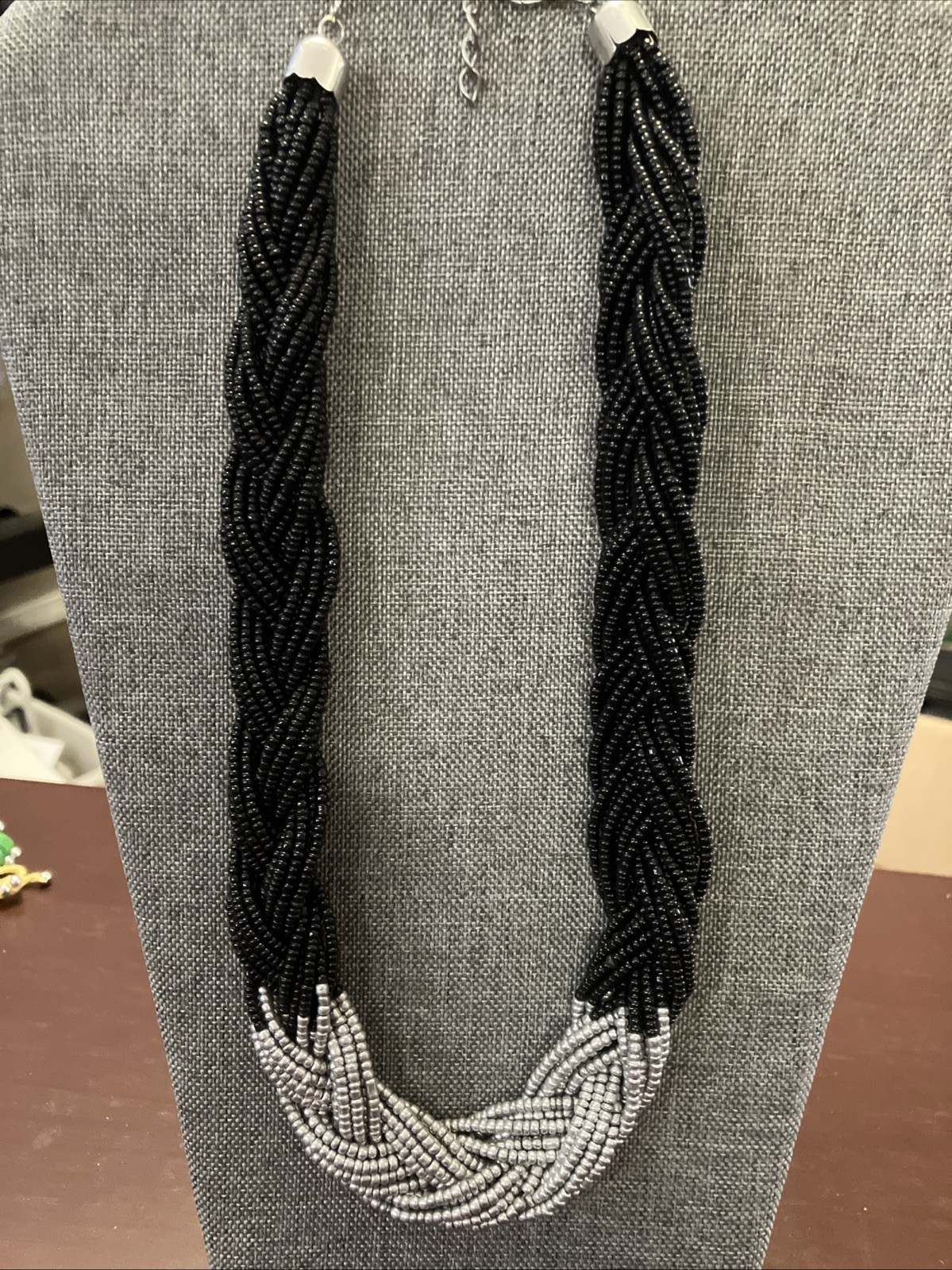 Handmade Black Silver Beaded Necklace Braided Multi Strand Chunky Statement Boho