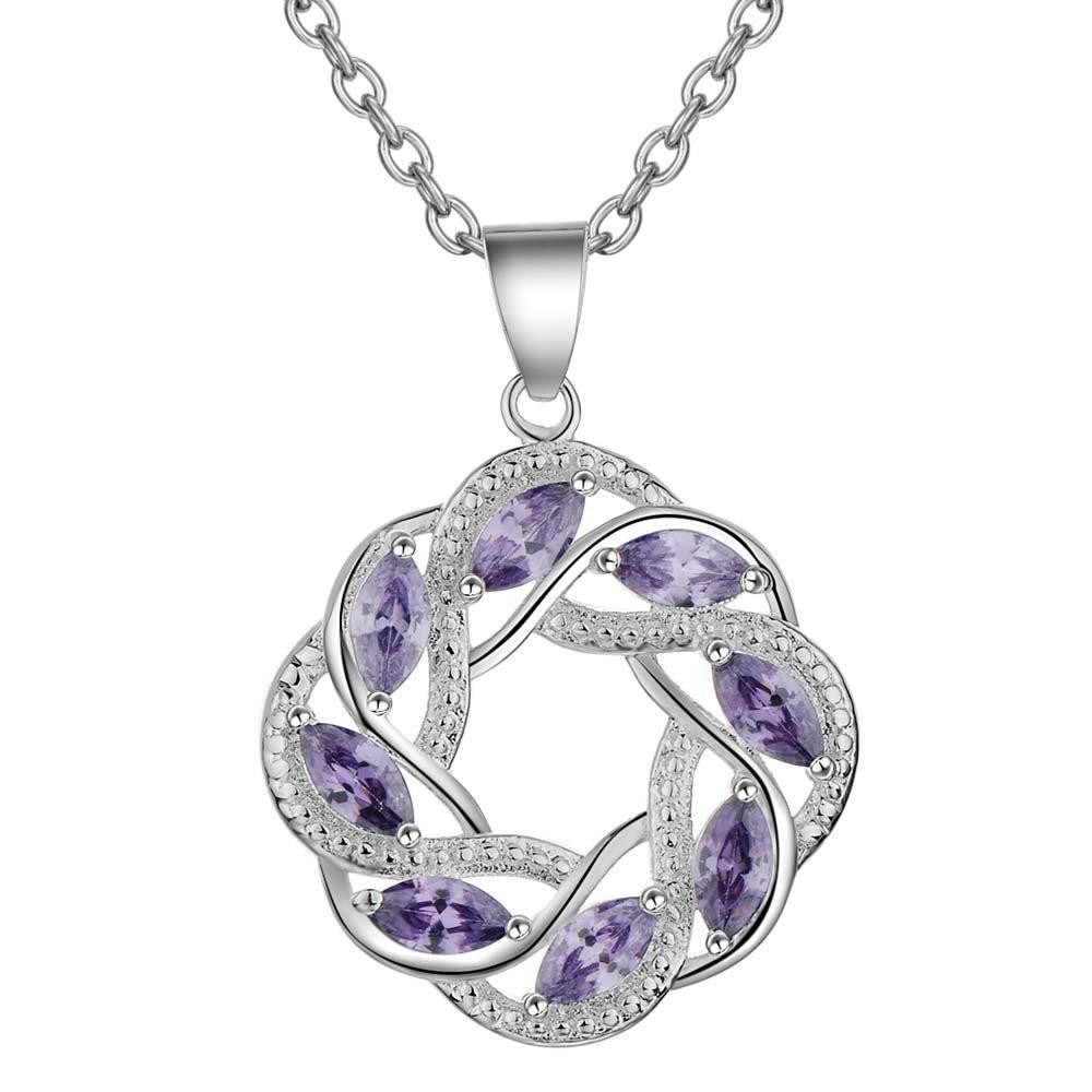 925 Sterling Silver Purple Zircon Necklace Women Wedding Engagement Jewelry