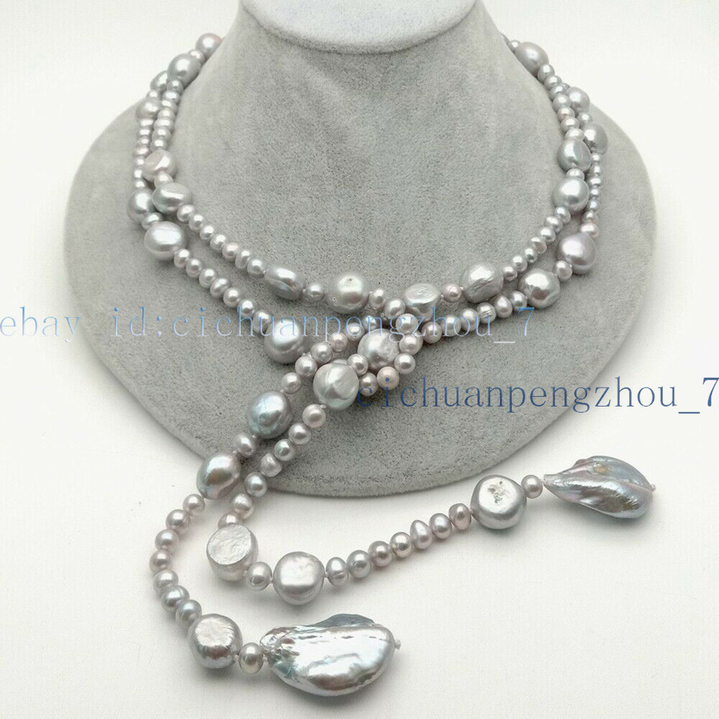 Natural 6-7mm 12-14mm Akoya Gray Cultured Coin Baroque Pearl Long Necklace 53”