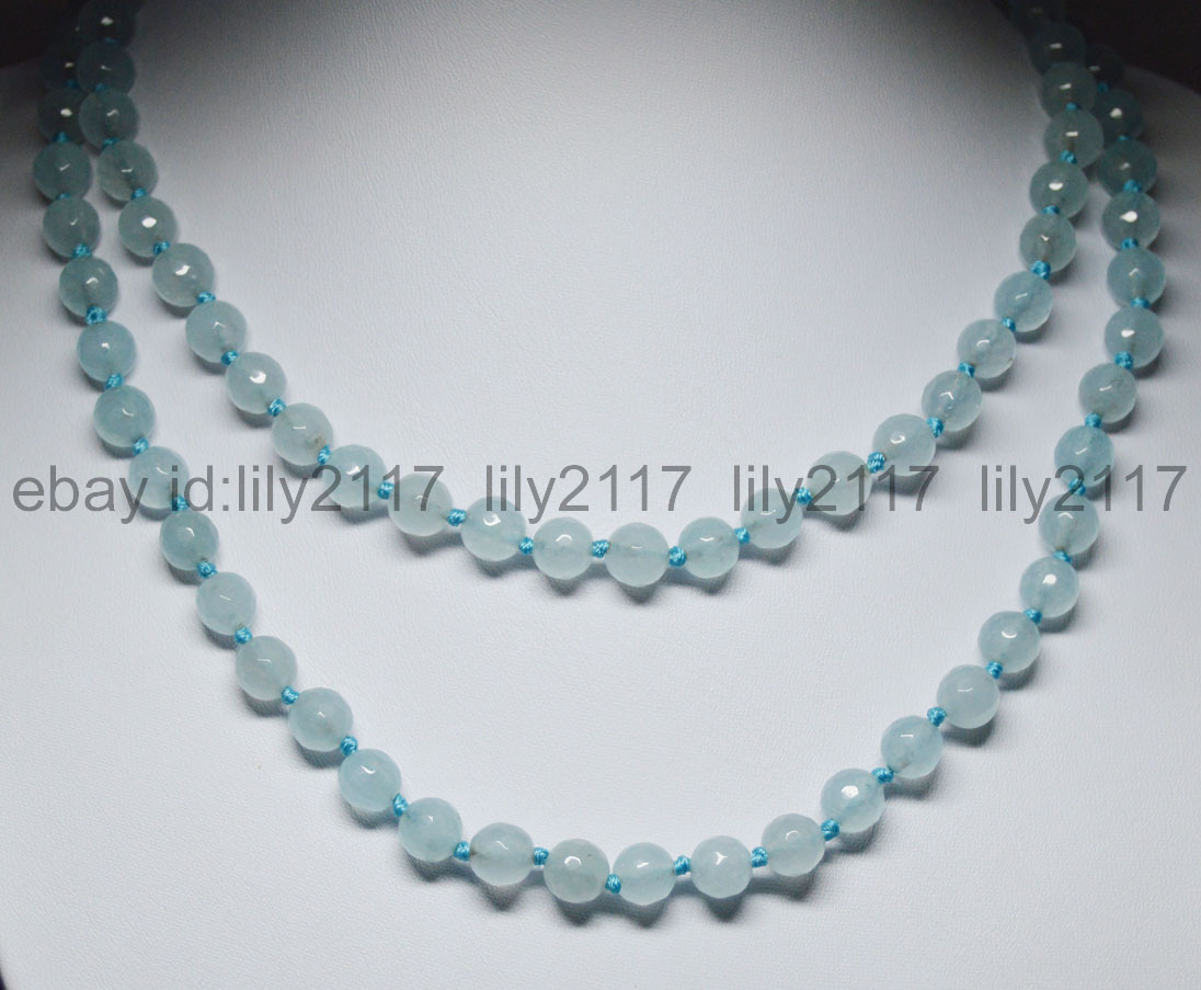 8mm Faceted Brazilian Blue Aquamarine Gemstone Round Beads Necklaces 24″