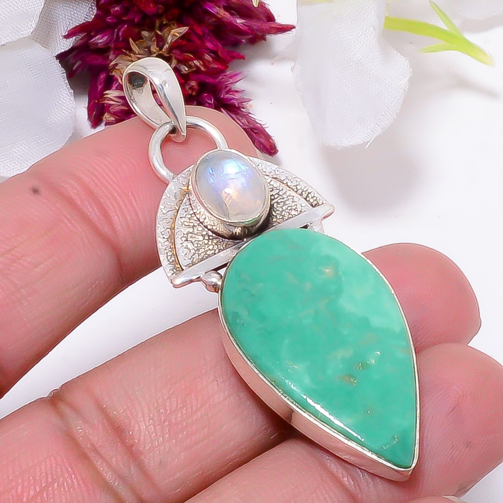 Variscite – Green Turquoise, Rainbow Moonstone 925 Silver Pendant 2.15″ Sku27