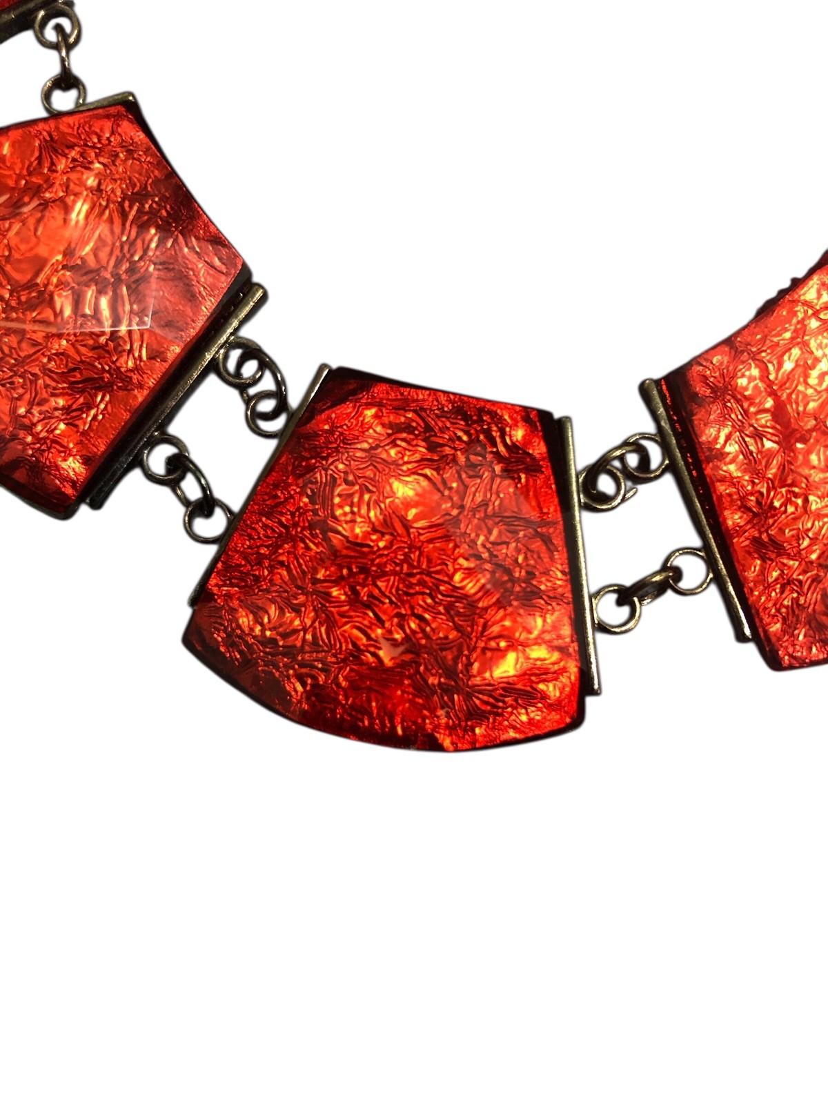 Vintage Handmade Red Geometric Statement Bib Necklace Black Tone Jewelry