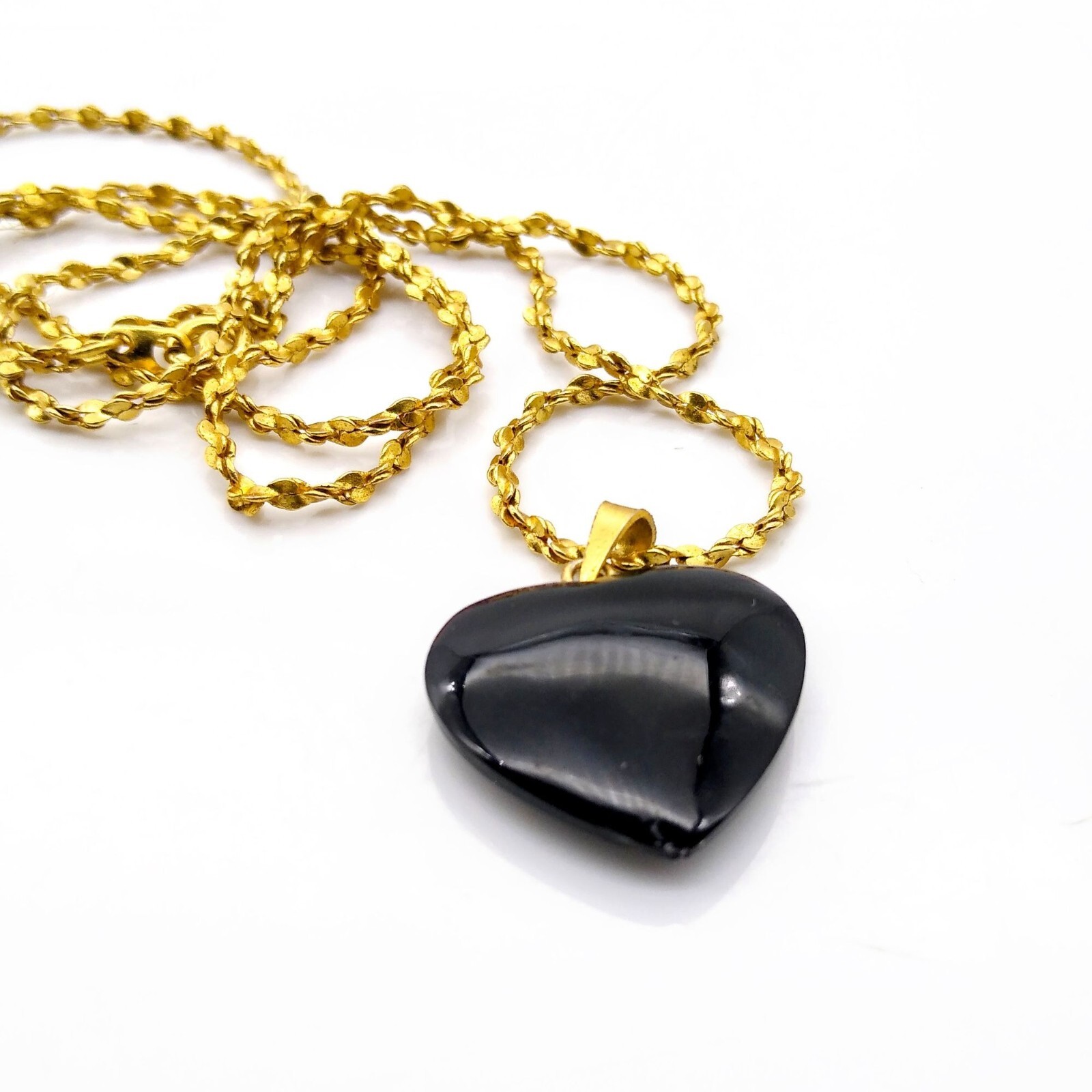 Onyx Heart Pendant Necklace, Black Natural Stone on Gold Tone Margarita Chain