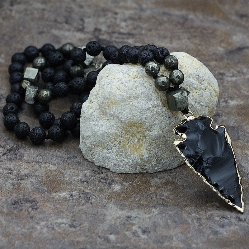 Natural Lava Rock Volcano Stone Beaded Necklace Obsidian Arrow Charm Necklace