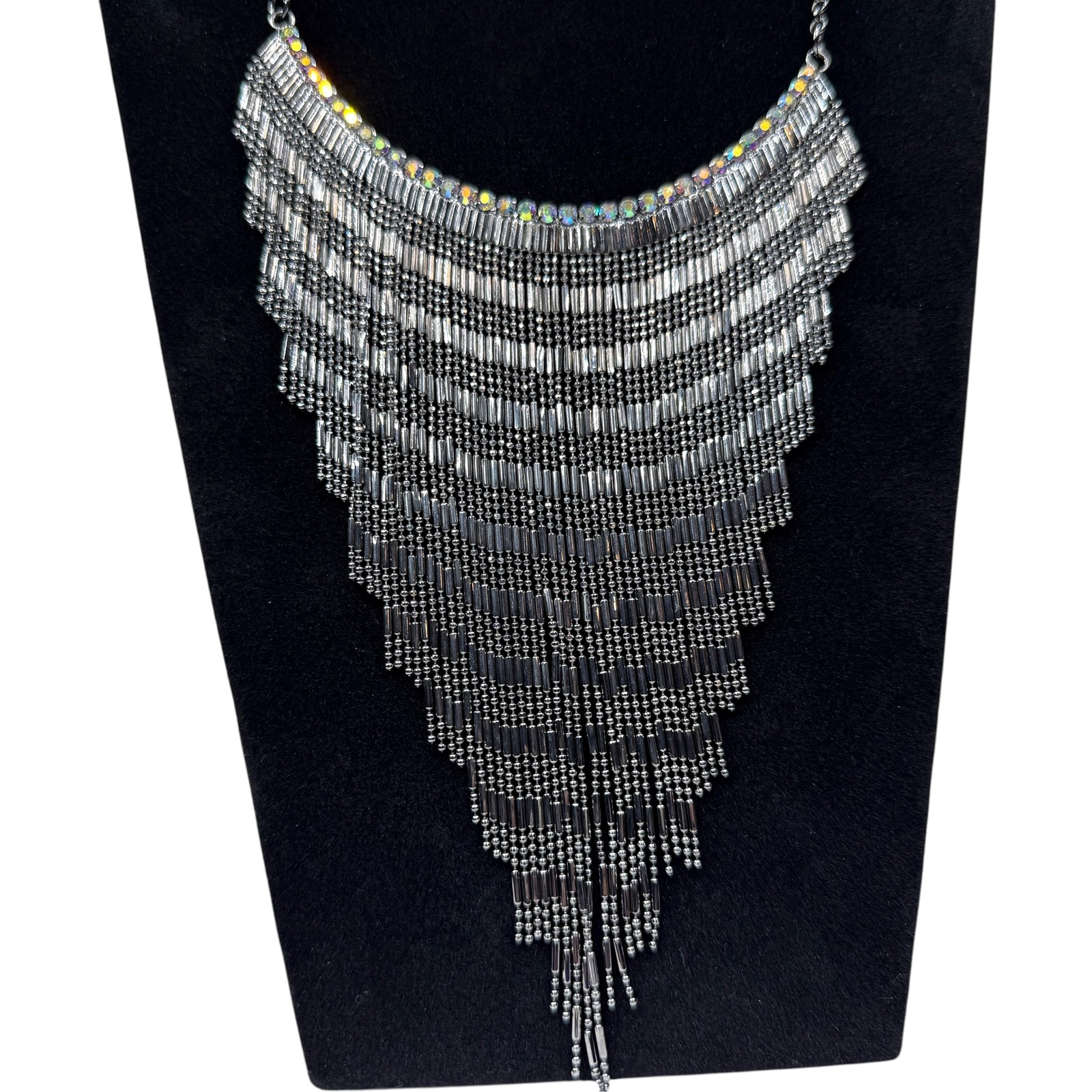 Antque Silver Tone Fringe Bib Statement Necklace Iridescent Crystal Accents