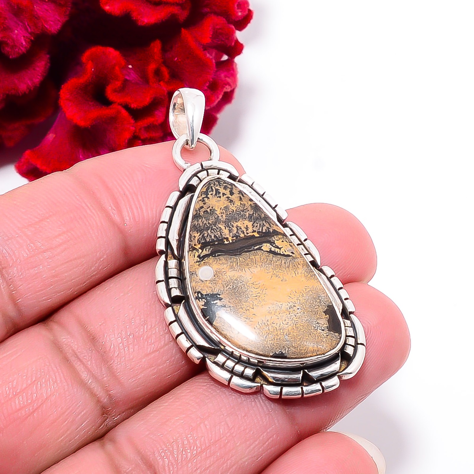Honey Dendritic Opal – Mexico 925 Sterling Silver Pendant 2.03″ P102143