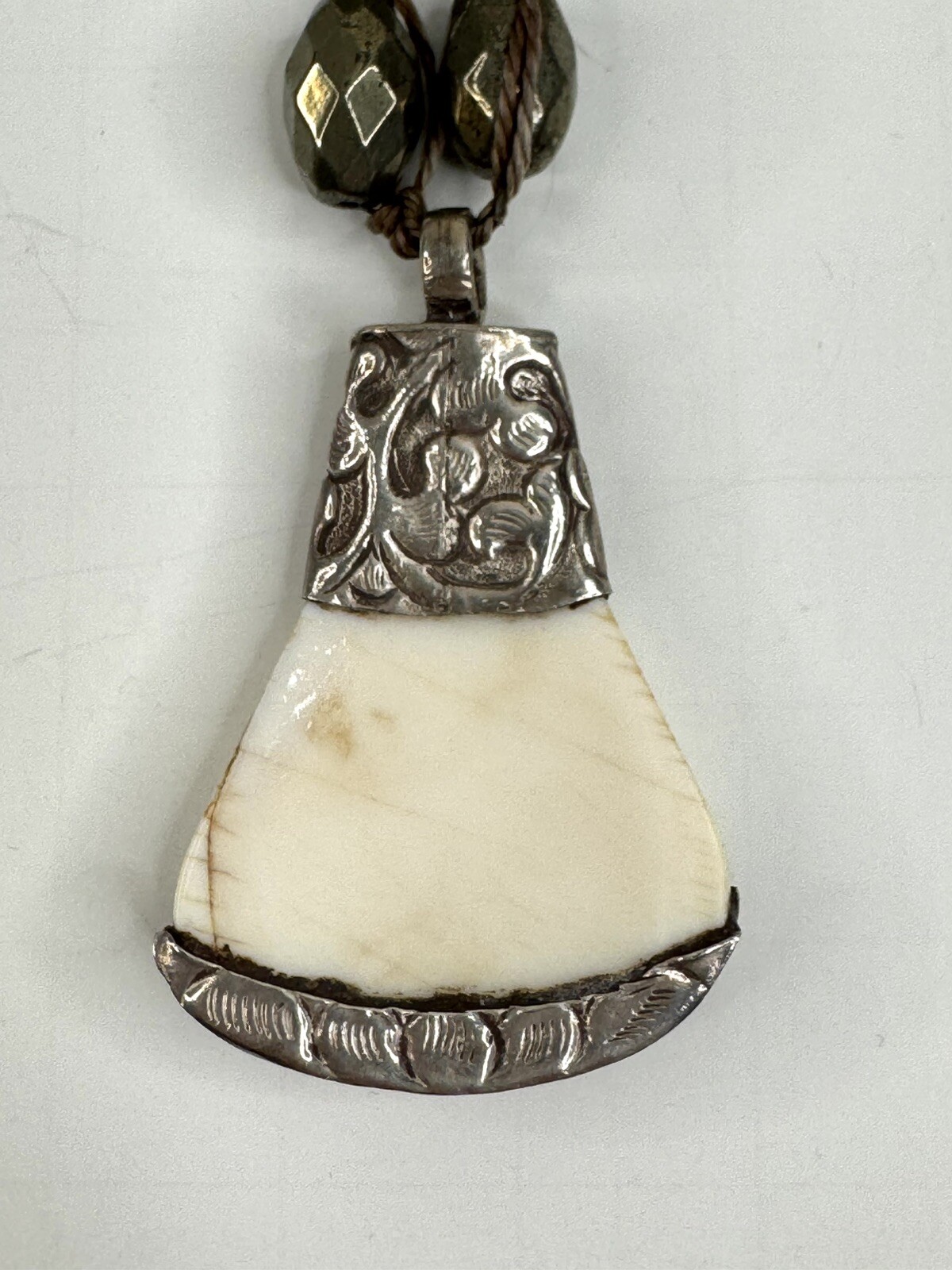 Conch Shell Pendant Necklace Pyrite Smoky Beads Silver Tone Boho Artisanal