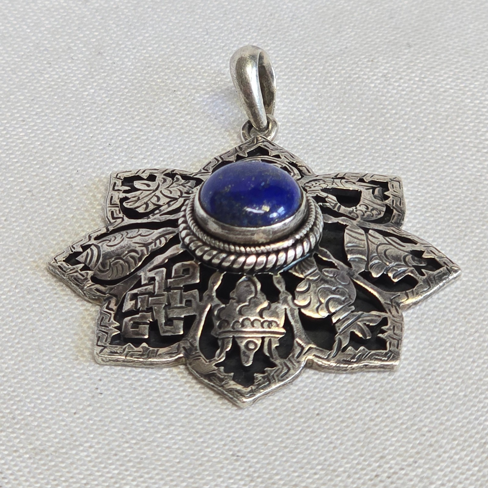 Sterling Silver Pendant 14.93g Jewelry Lapis Look Nepal Symbols Charm *READ*