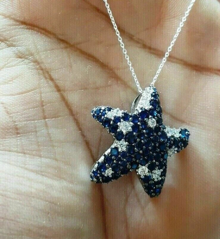 2.00Ct Round Cut Simulated Blue Sapphire Starfish Pendant 14K White Gold Plated