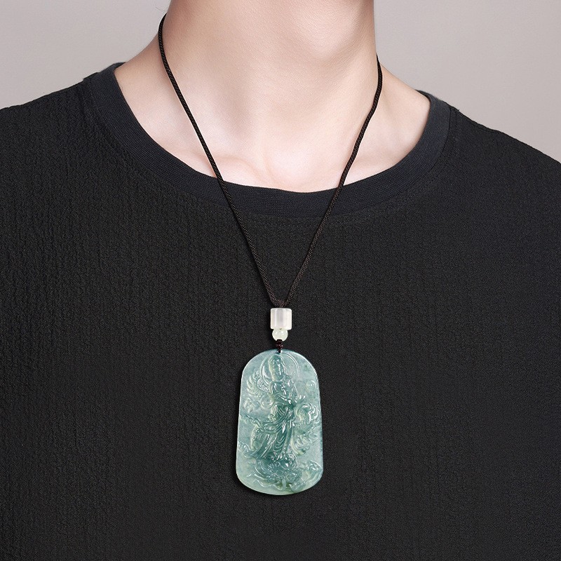 Natural Blue Water Jadeite Dragon Avalokiteshvara Pendant Unisex Adult Necklace