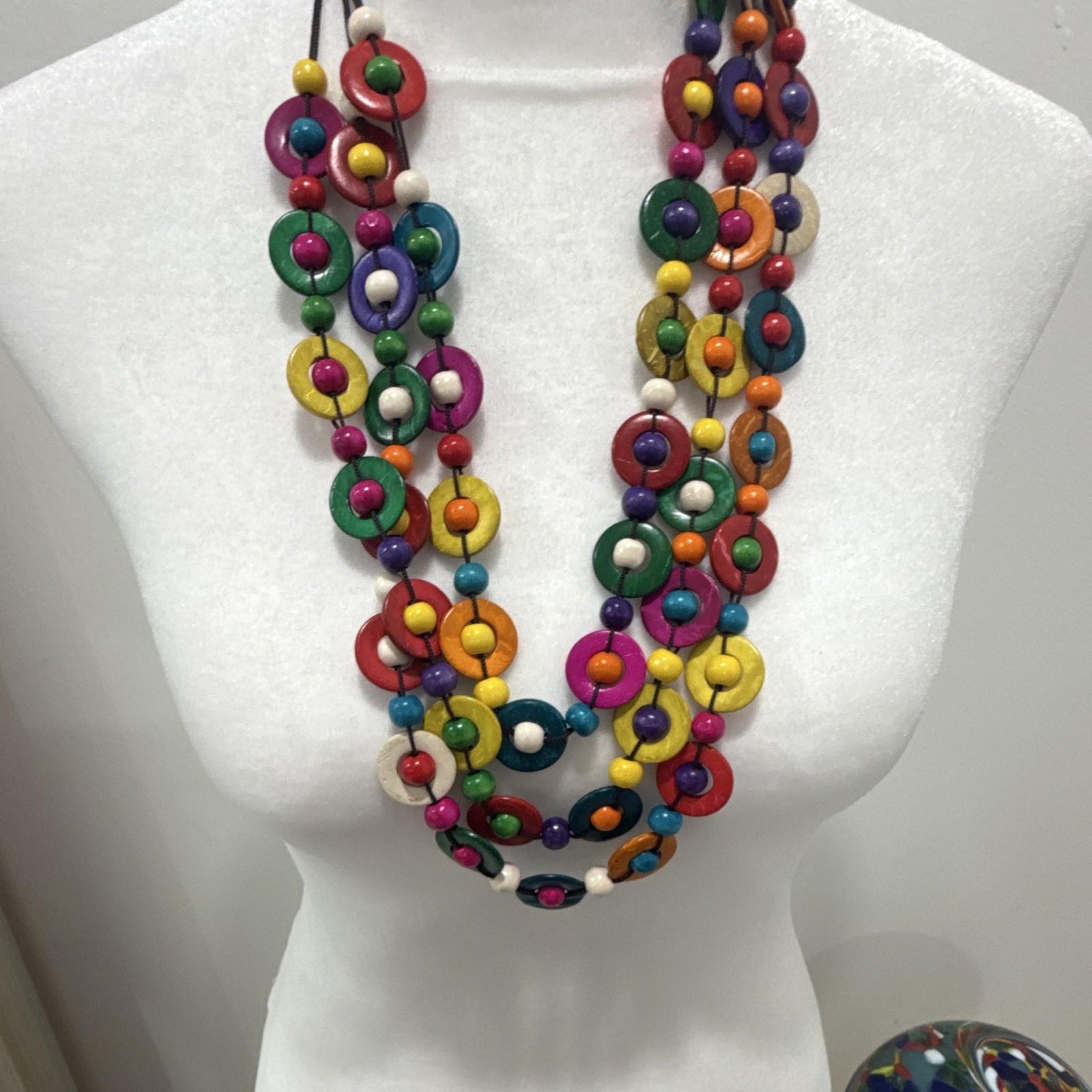 Multicolor Wood Beaded Statement Necklace Donut Pendant Cord Adjustable Slip