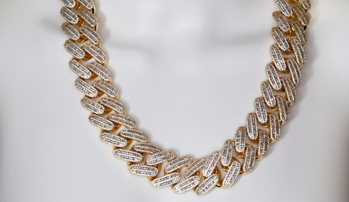 Gold Iced Chain, Gold Cuban Link Chain, Hip Hop Chain, Simulated Diamond Chain