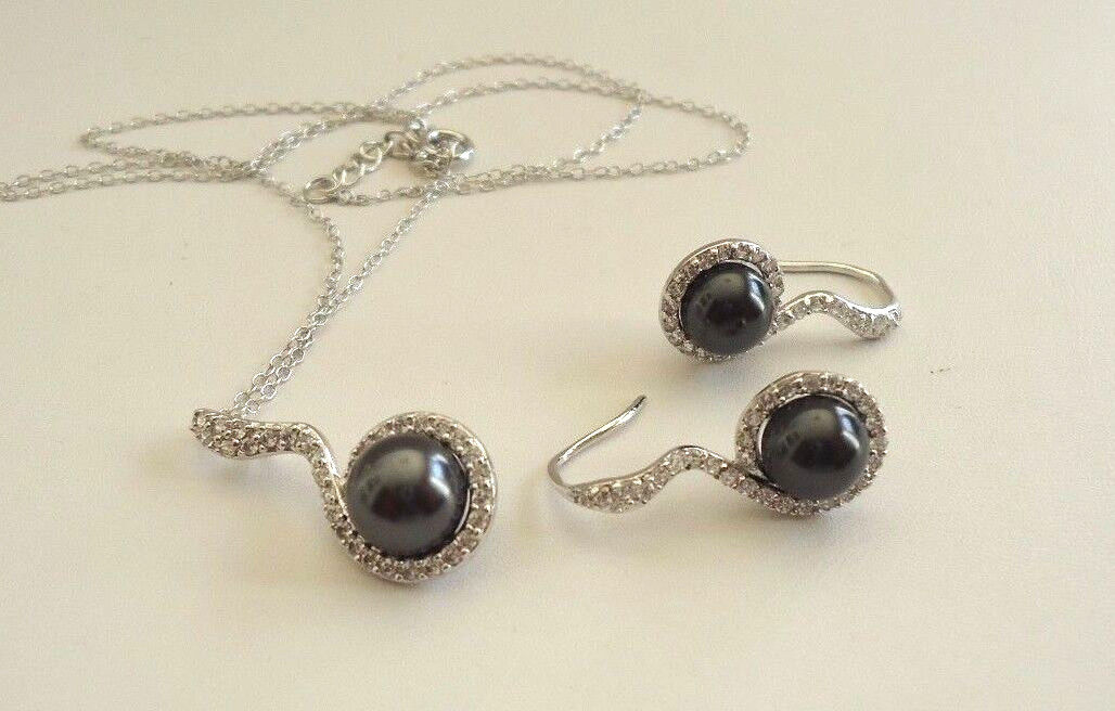 925 STERLING SILVER BLACK PEARL PENDANT & EARRING SET W/ ACCENTS/18”CHAIN
