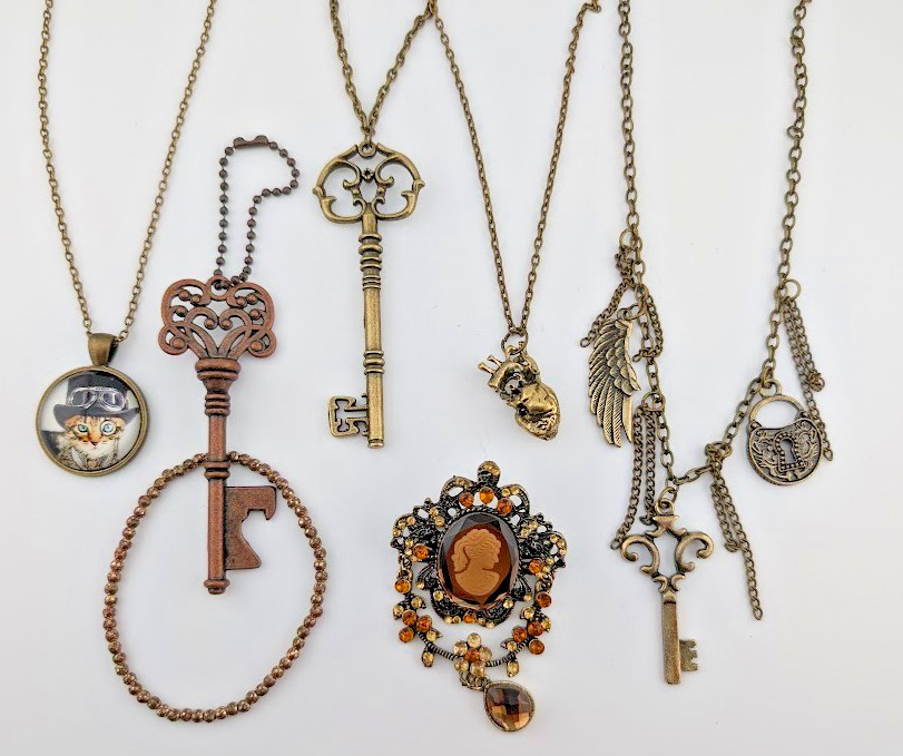 7 pc STEAMPUNK JEWELRY LOT necklaces skeleton key ring brooch copper bronze B1