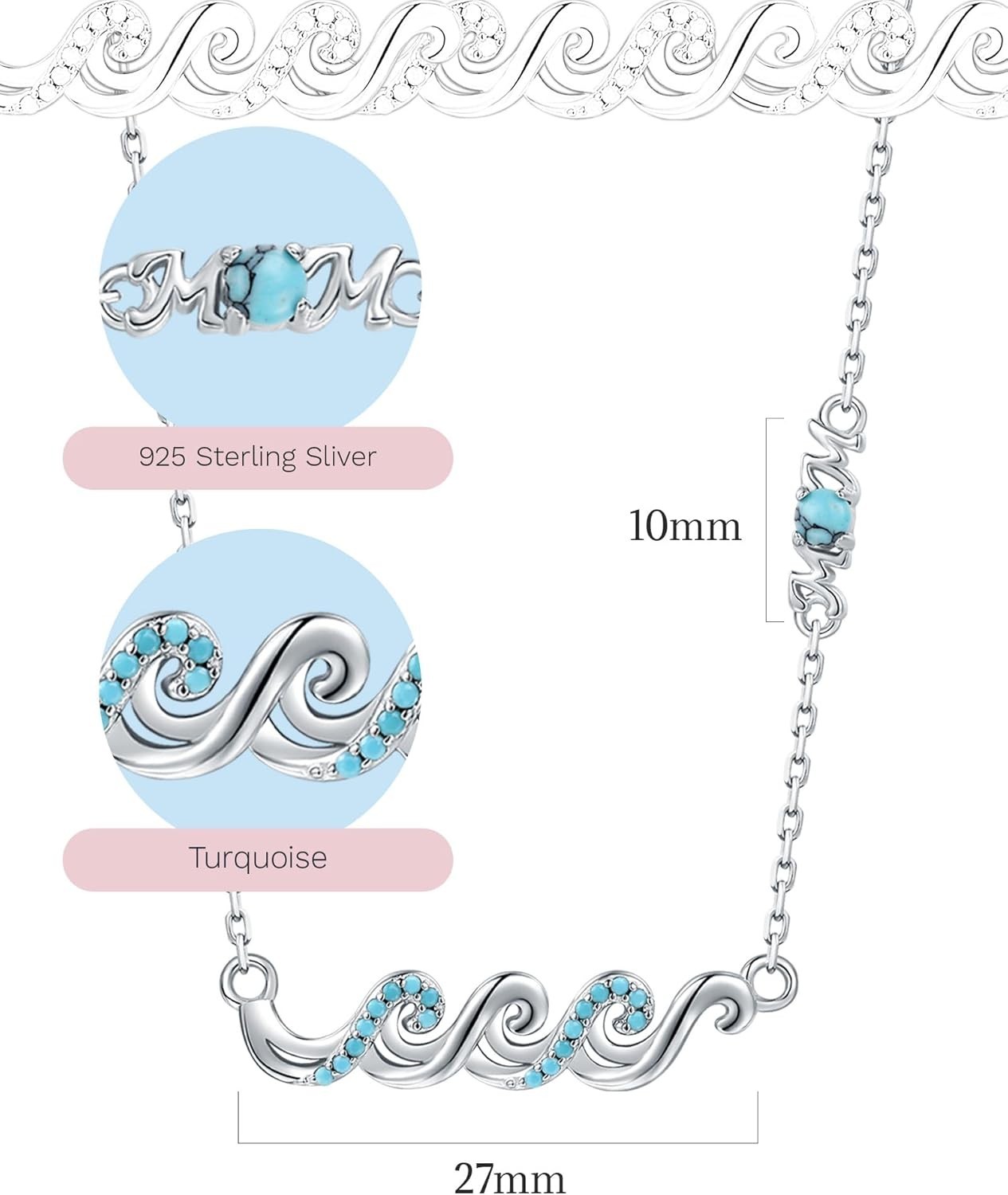 Wave Necklace for Women– 925 Sterling Silver Ocean Jewelry with Turquoise, Senti