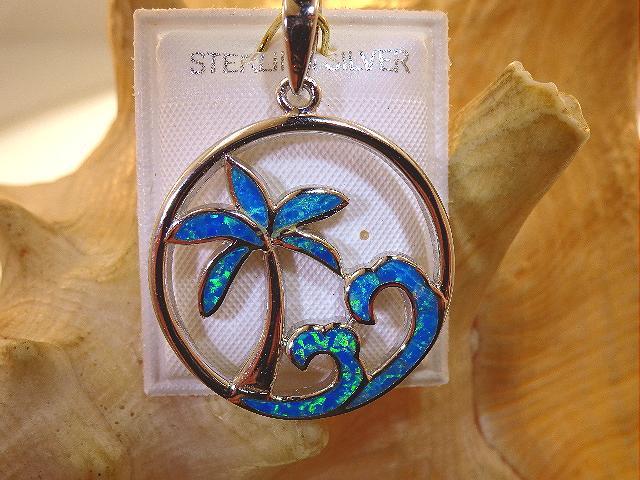 26mm Rhodium Plated 925 Silver Inlaid Blue Opal Hawaiian Palm Tree Waves Pendant