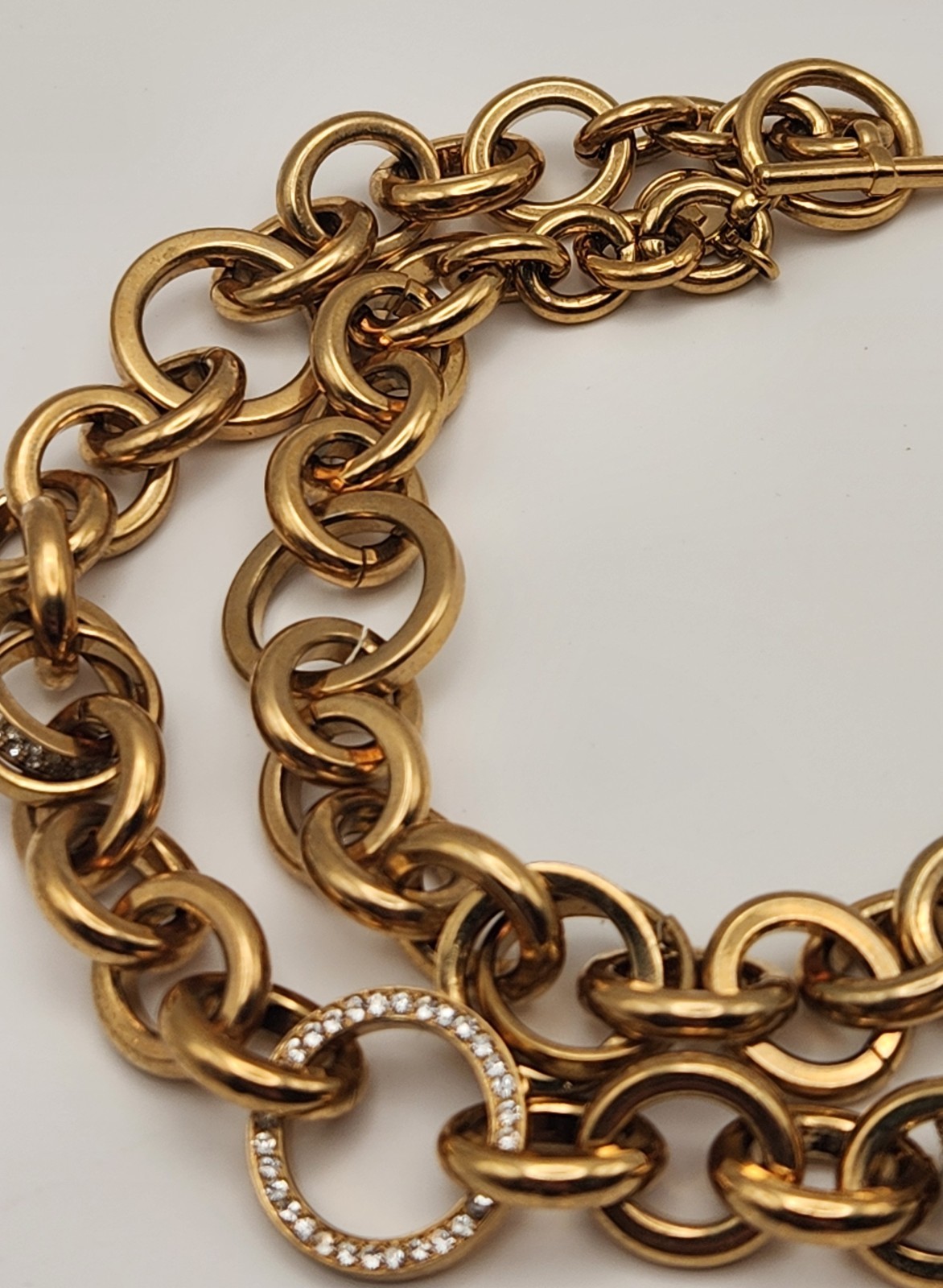 Michael Kors Gold Tone 26″ Rolo Link Necklace Crystal Pave Toggle Statement
