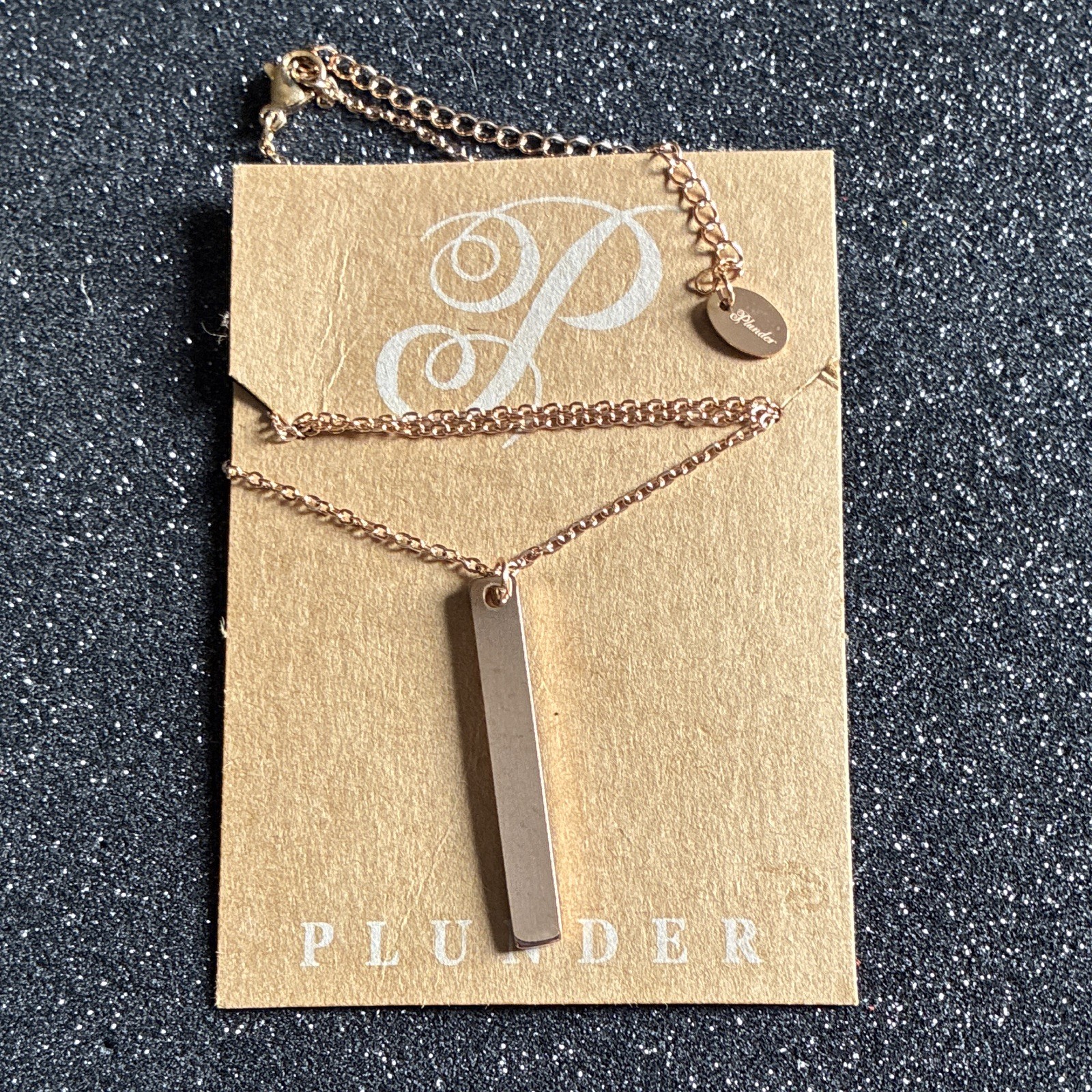 Plunder Signed Rose Gold Plated Rectangle Bar Pendant Cable Chain Necklace