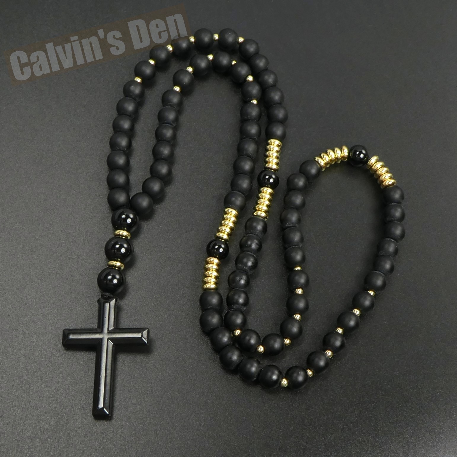 Matte Black Obsidian Polished Black Onyx Bead Cross Necklace Men Women Gift