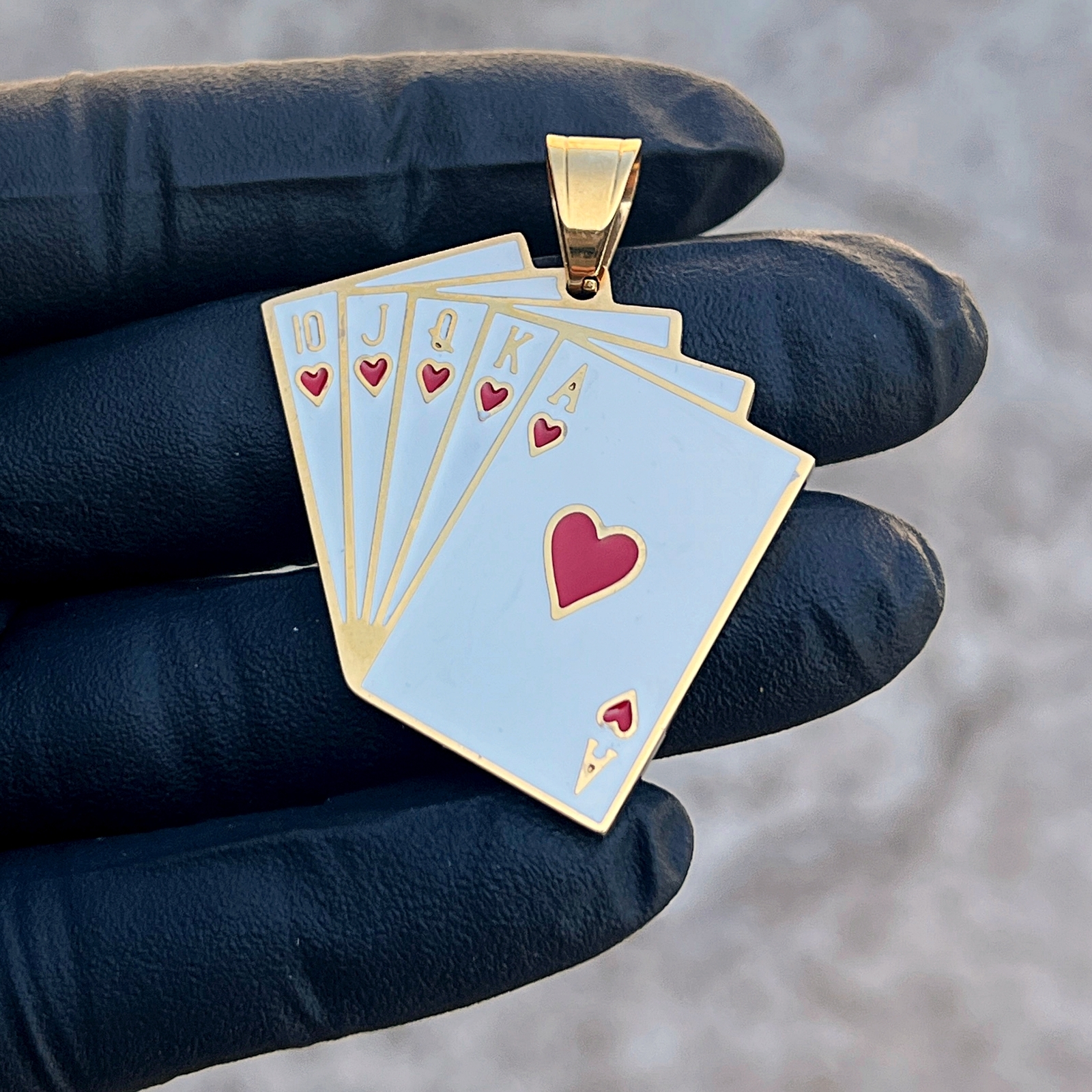 18K Gold Plated Stainless Steel Hearts Royal Flush Poker Playing Cards Pendant