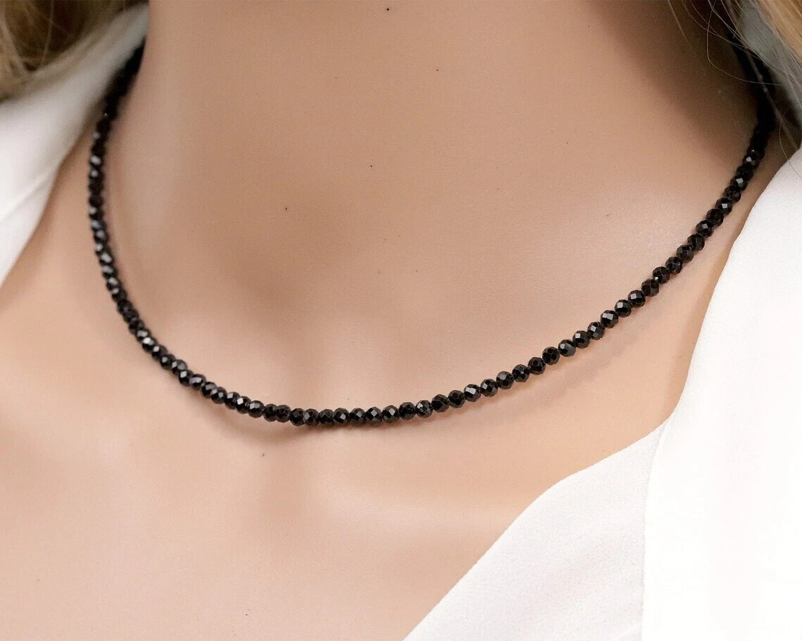 Natural Black Obsidian Choker 2mm Crystal Gemstone Beads Dainty Choker Necklace