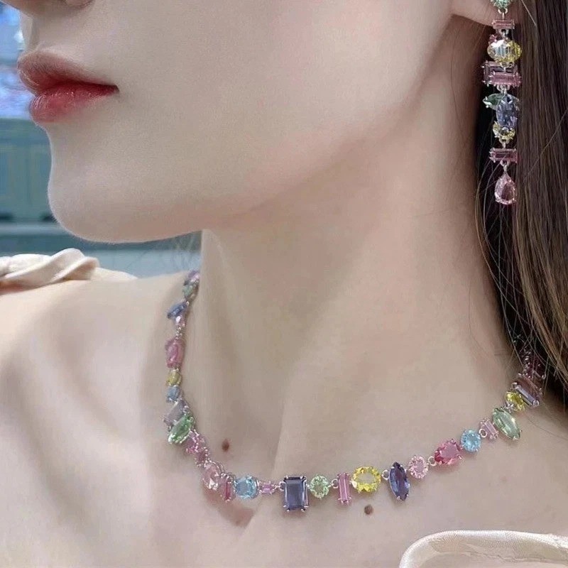 Matching rainbow color candy necklace female Swarovski crystal bone necklace