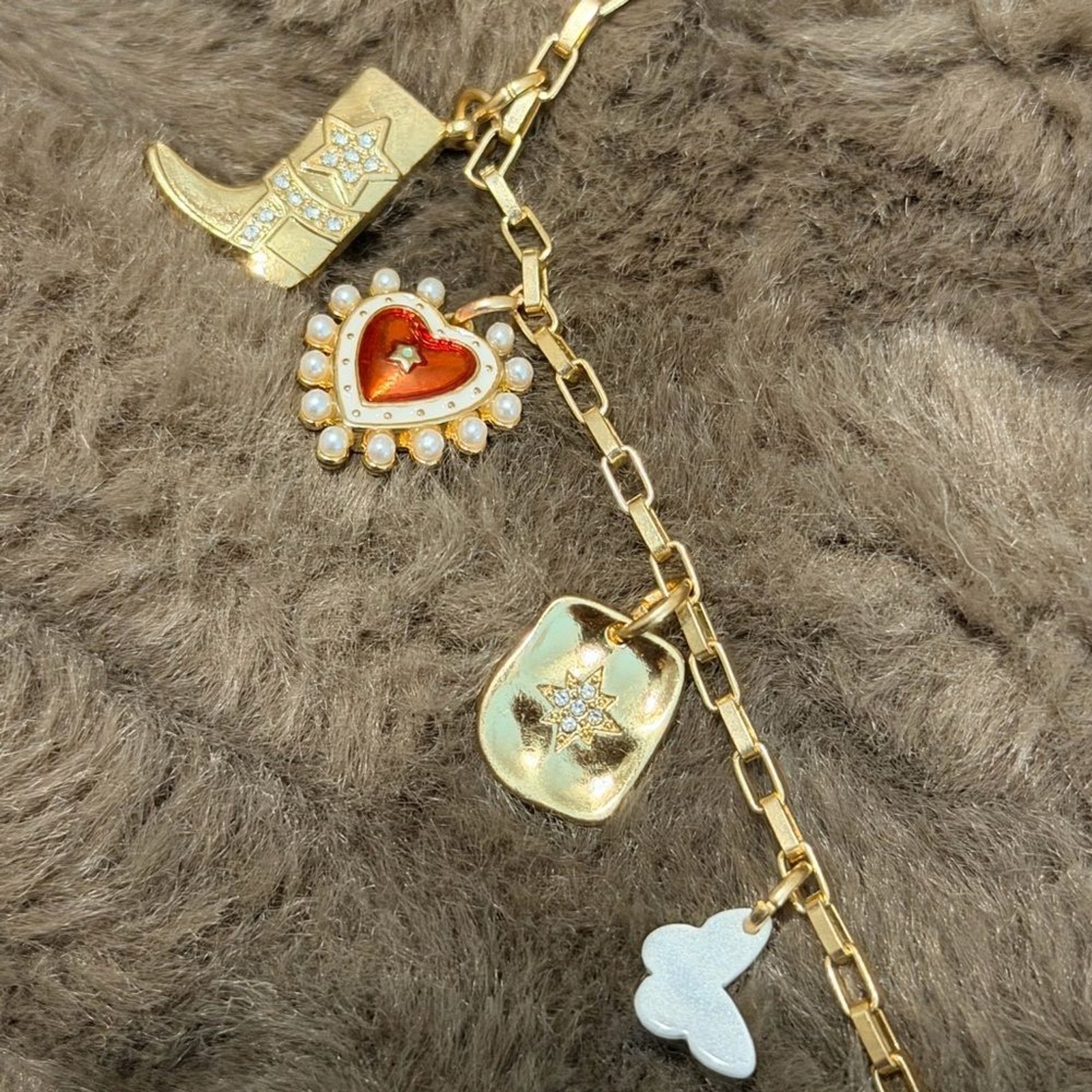 Gold Charm Necklace with Pink and White Accents