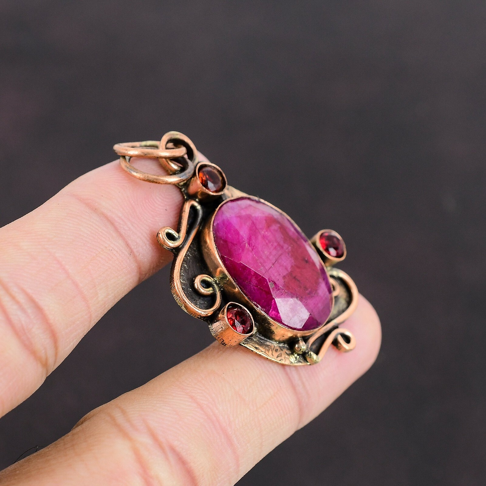 Valentines Deal Copper Oval Natural Kashmir Rubi Mozambique Garnet Boho Pendant