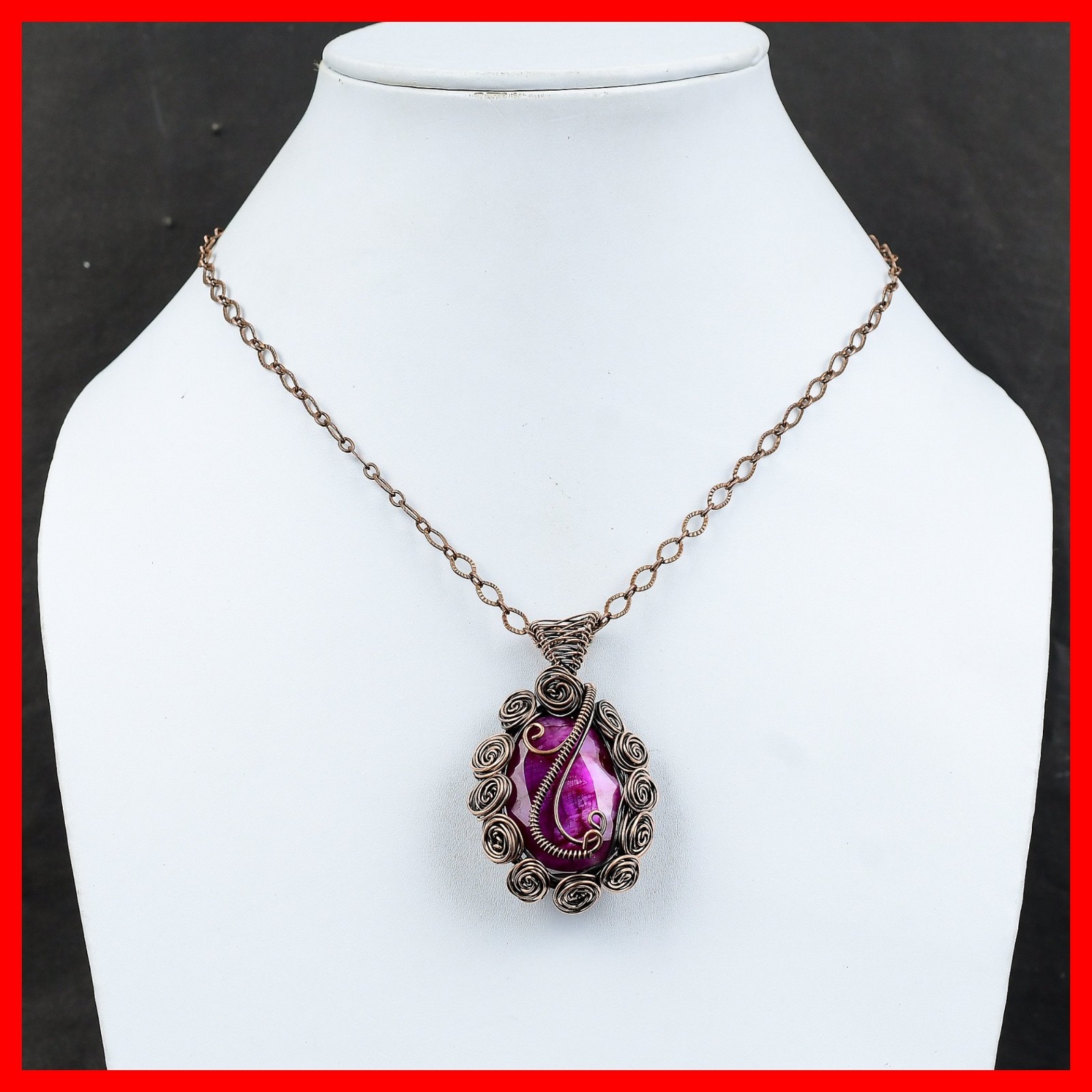 Copper Oval Kashmir Rubi Stone Daughter Wire Wrapped Flower New Pendant Jewelry