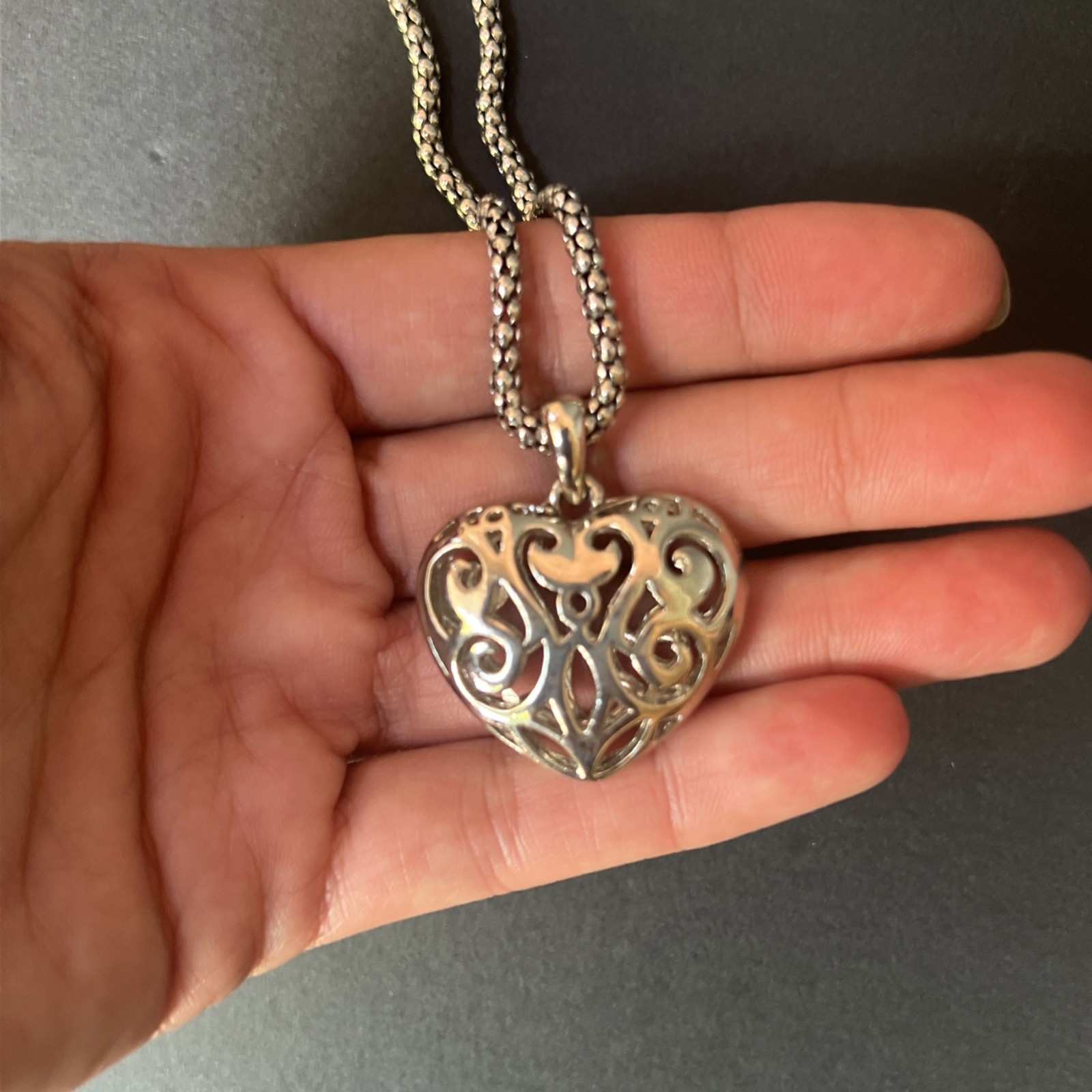 Cookie Lee Silver Tone Puffed Open Scroll Heart Pendant Necklace 20” Adjustable